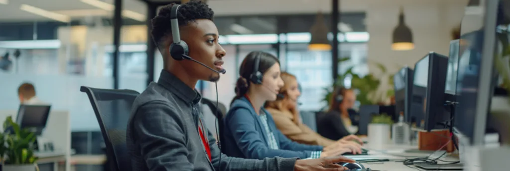 A picture of Callnovo Contact Center with three diverse customer service personnel actively-engaging with Fintech business clients over the phone and live chat, demonstrating Callnovo's commitment to top-tier English-based customer support for financial services, as well as their commitment to cultural competency, resonating with the innovative and inclusive nature of Fintech companies.