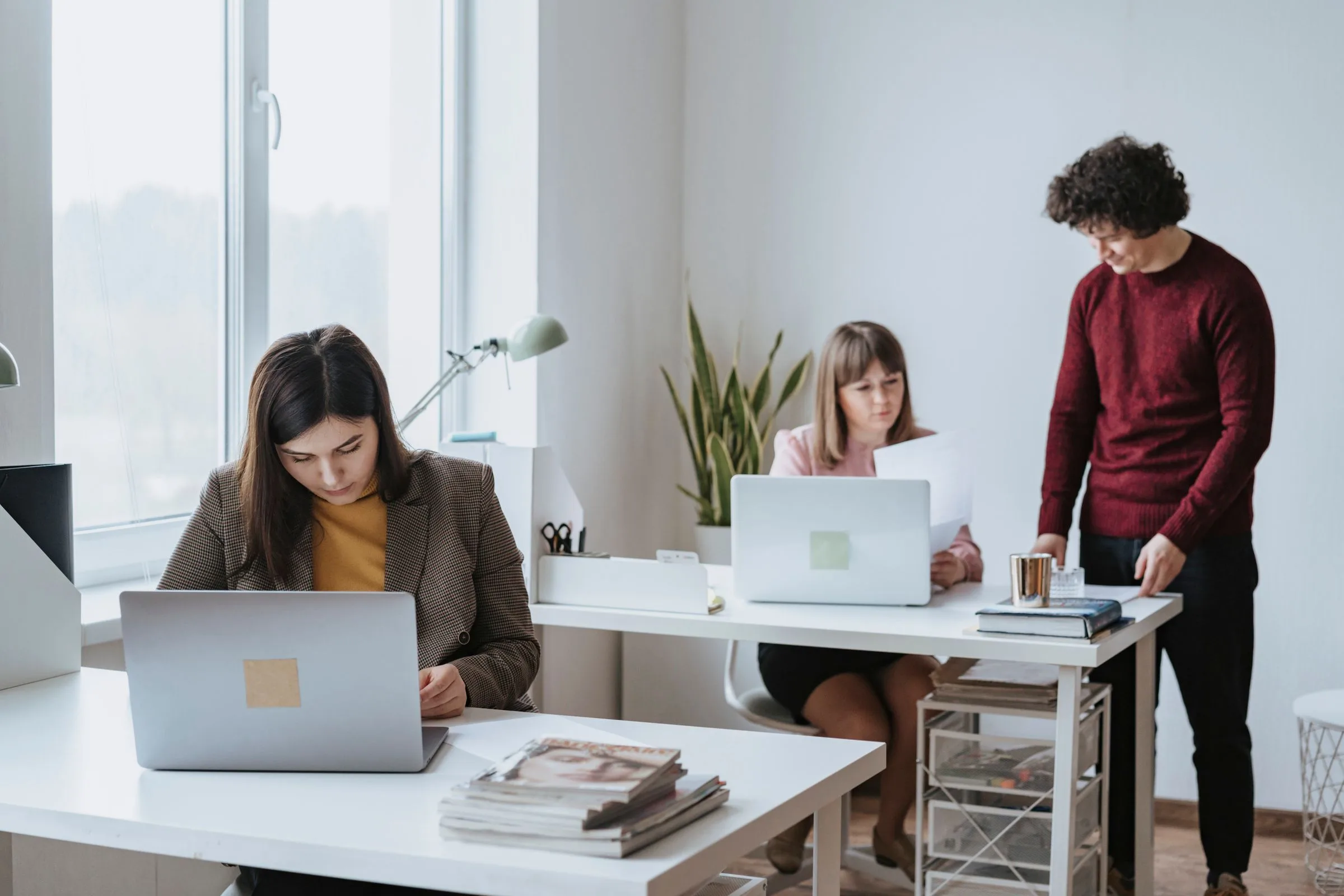 Bright open office with customer service teams at work